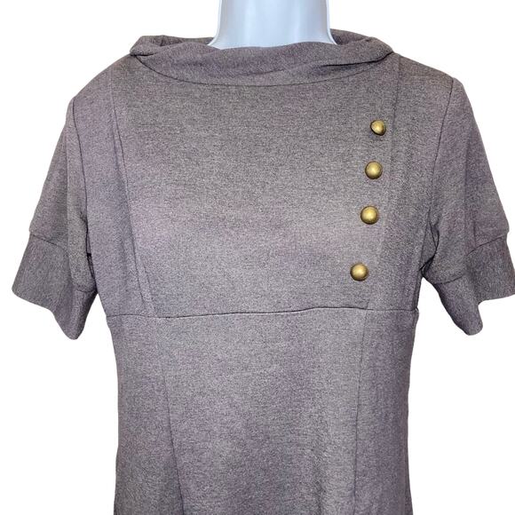 Eliza J Ponte Gray Dress Button Accent Cowl Neck Short Sleeve Fit Flare 8 Petite - Picture 3 of 15